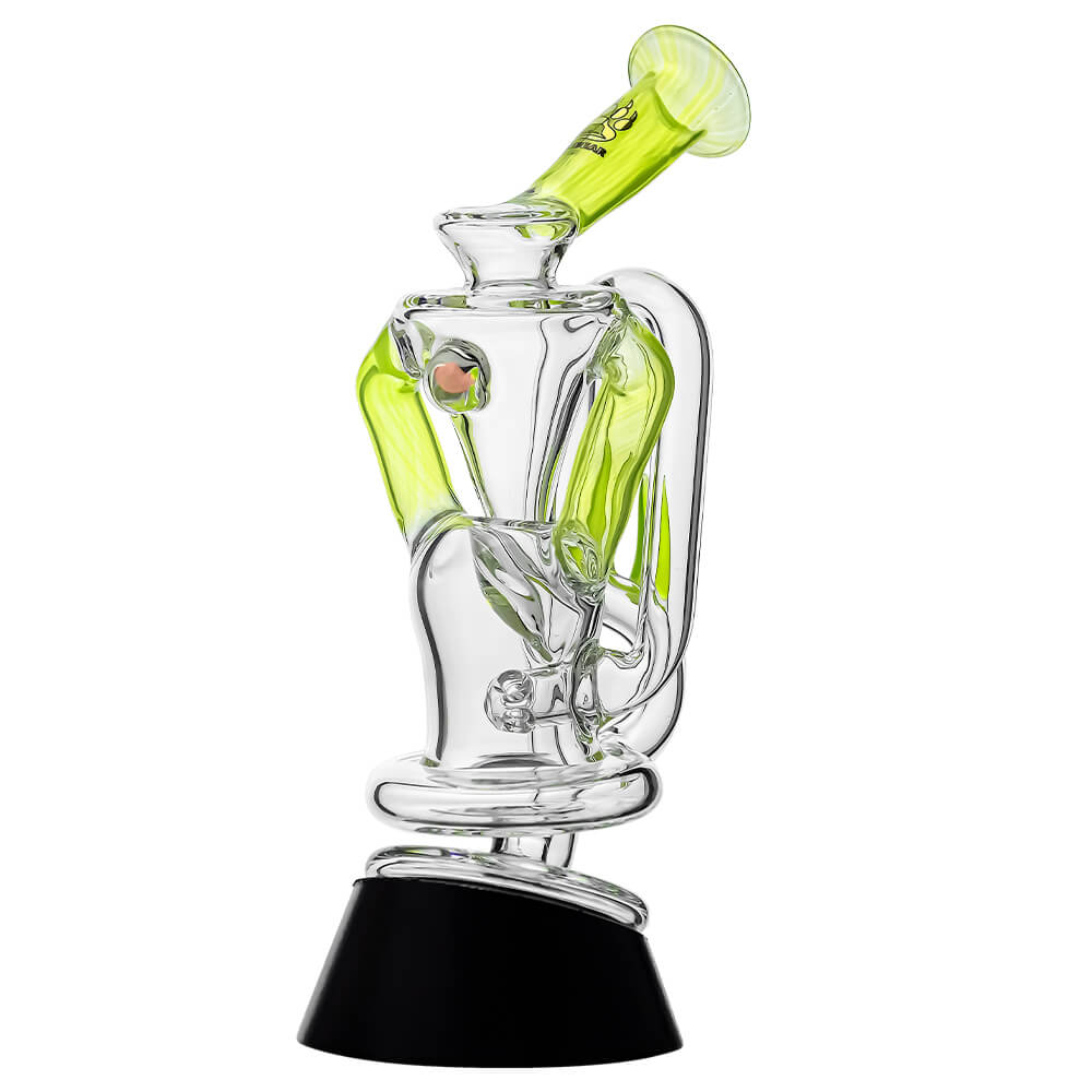 Multi-color recycler glass attachment for Puffco Peak OG & Pro by Calibear Glass, shown in yellow, green, teal, red, and amber, attached to a black Peak device.