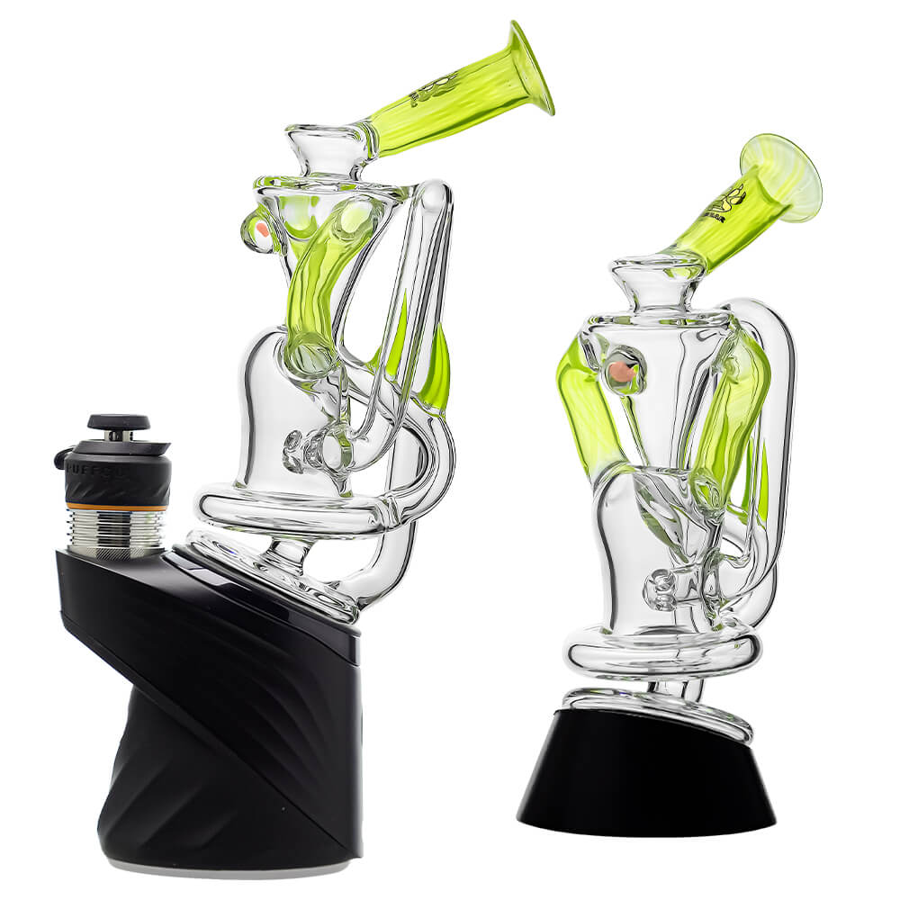 Multi-color recycler glass attachment for Puffco Peak OG & Pro by Calibear Glass, shown in yellow, green, teal, red, and amber, attached to a black Peak device.