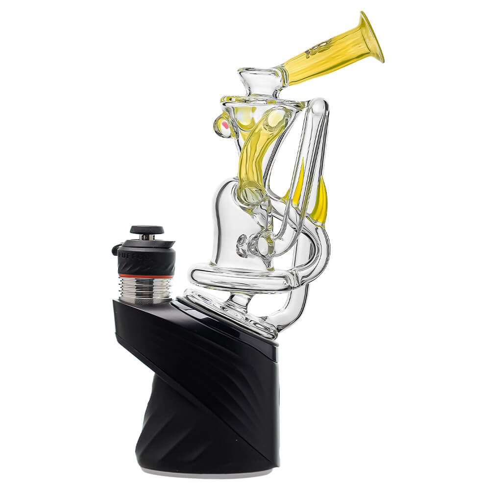 Multi-color recycler glass attachment for Puffco Peak OG & Pro by Calibear Glass, shown in yellow, green, teal, red, and amber, attached to a black Peak device.