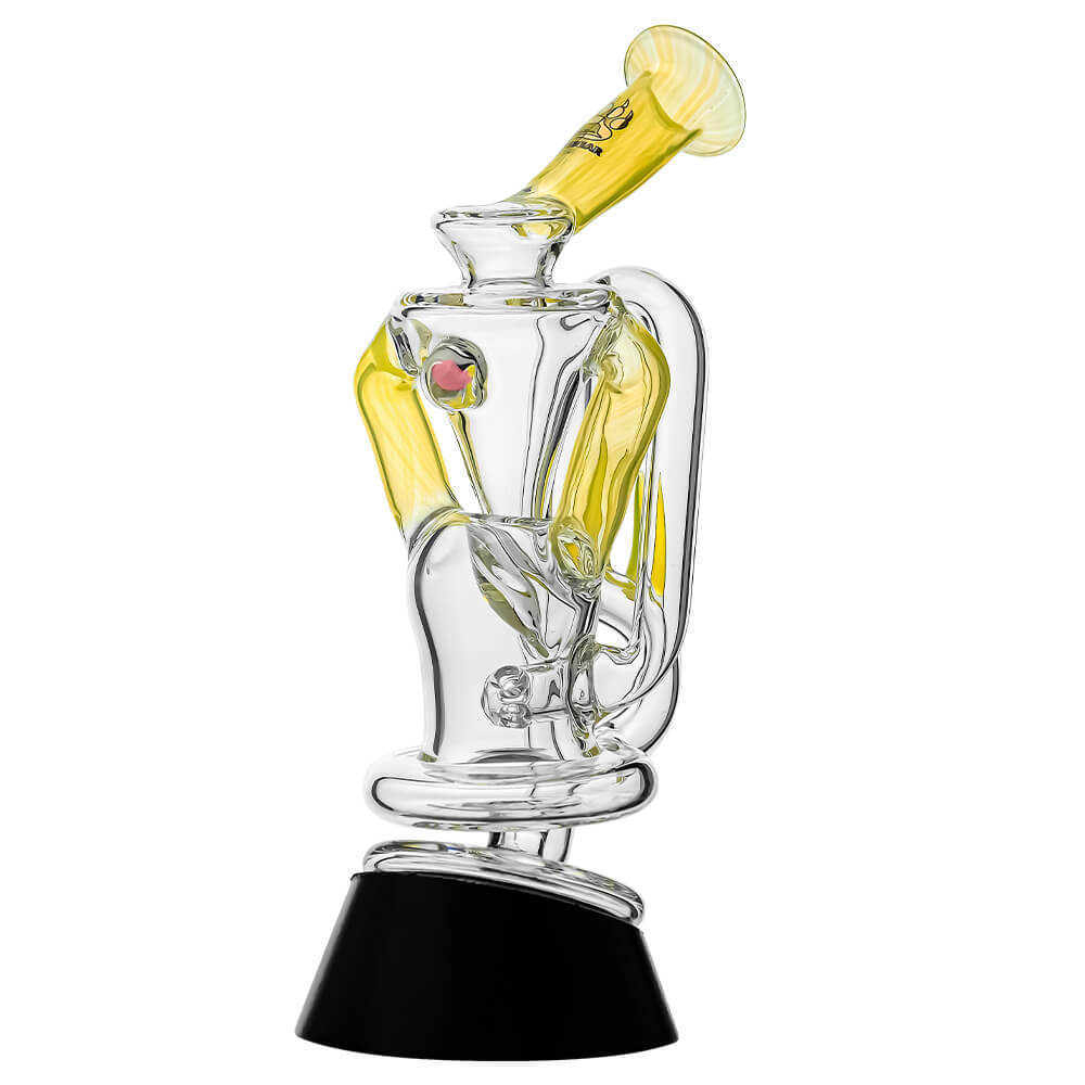 Multi-color recycler glass attachment for Puffco Peak OG & Pro by Calibear Glass, shown in yellow, green, teal, red, and amber, attached to a black Peak device.