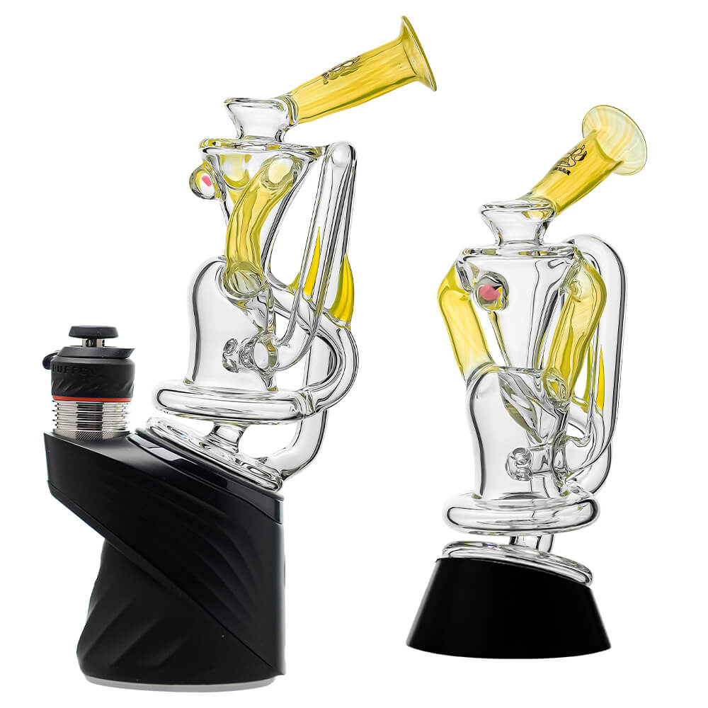 Multi-color recycler glass attachment for Puffco Peak OG & Pro by Calibear Glass, shown in yellow, green, teal, red, and amber, attached to a black Peak device.