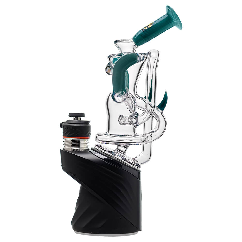 Multi-color recycler glass attachment for Puffco Peak OG & Pro by Calibear Glass, shown in yellow, green, teal, red, and amber, attached to a black Peak device.
