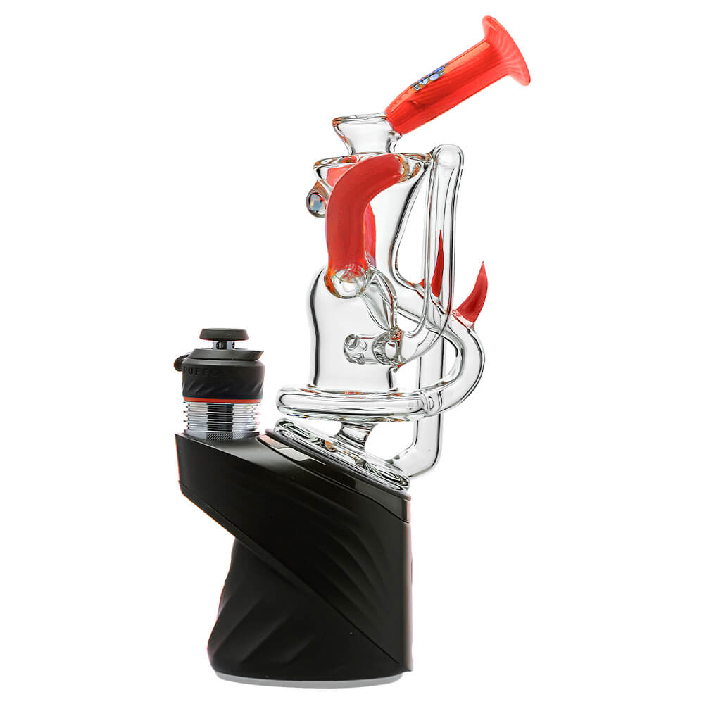 Multi-color recycler glass attachment for Puffco Peak OG & Pro by Calibear Glass, shown in yellow, green, teal, red, and amber, attached to a black Peak device.