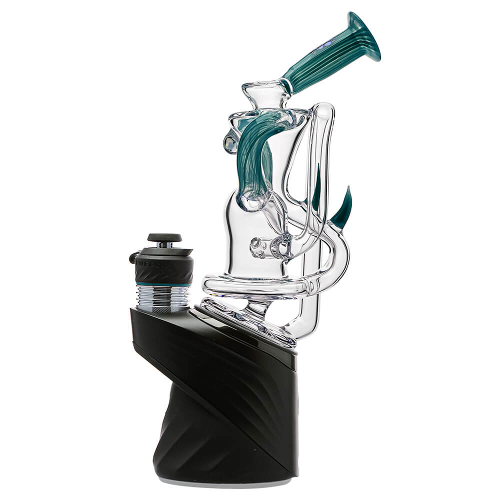 Multi-color recycler glass attachment for Puffco Peak OG & Pro by Calibear Glass, shown in yellow, green, teal, red, and amber, attached to a black Peak device.