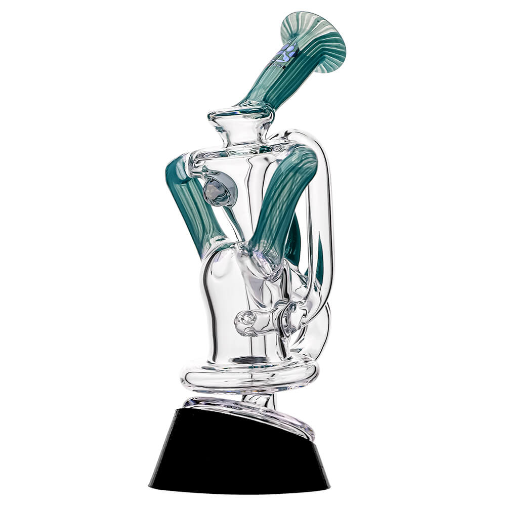 Multi-color recycler glass attachment for Puffco Peak OG & Pro by Calibear Glass, shown in yellow, green, teal, red, and amber, attached to a black Peak device.