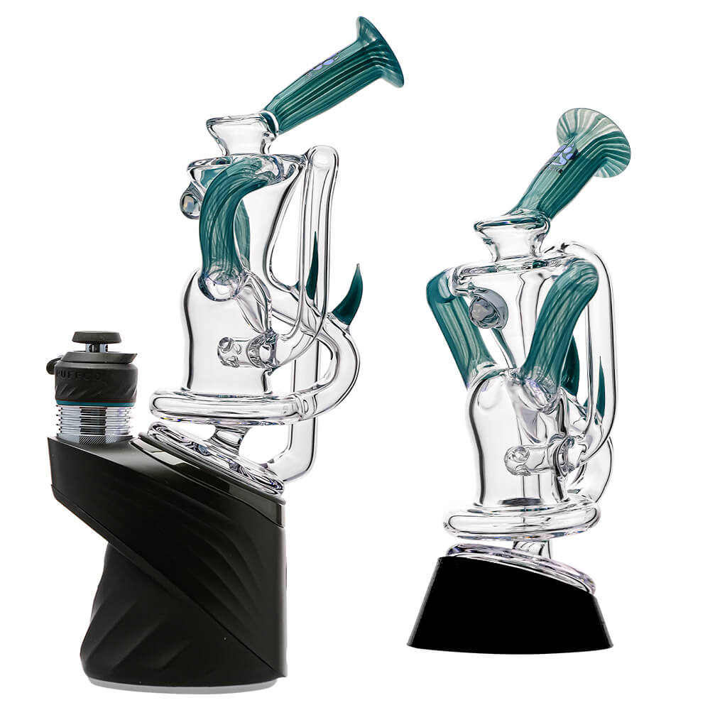 Multi-color recycler glass attachment for Puffco Peak OG & Pro by Calibear Glass, shown in yellow, green, teal, red, and amber, attached to a black Peak device.
