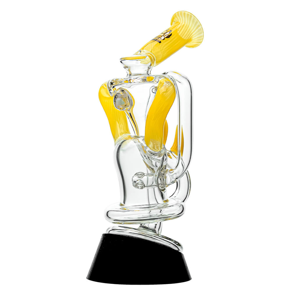 Multi-color recycler glass attachment for Puffco Peak OG & Pro by Calibear Glass, shown in yellow, green, teal, red, and amber, attached to a black Peak device.