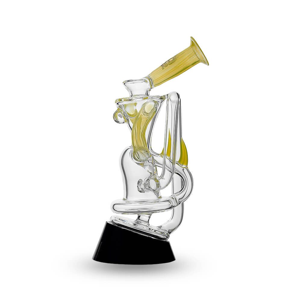 Multi-color recycler glass attachment for Puffco Peak OG & Pro by Calibear Glass, shown in yellow, green, teal, red, and amber, attached to a black Peak device.