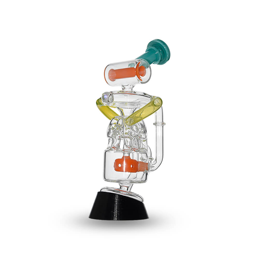 Calibear Glass Multi-Chamber Recycler Attachment for Puffco Peak OG & Pro in profile and front views.