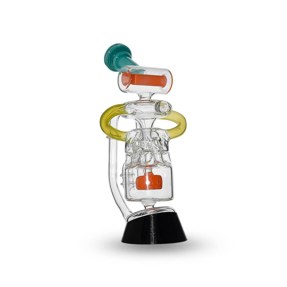 Calibear Glass Multi-Chamber Recycler Attachment for Puffco Peak OG & Pro in profile and front views.