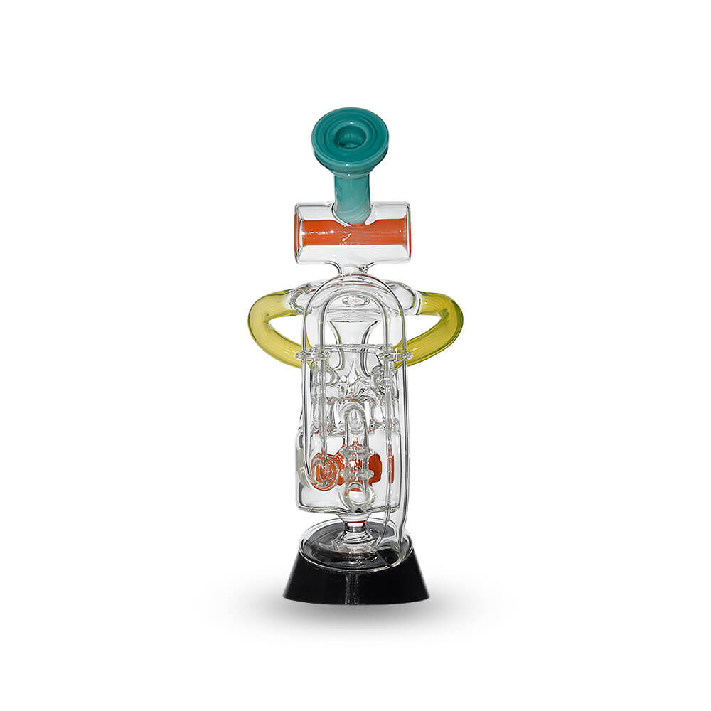 Calibear Glass Multi-Chamber Recycler Attachment for Puffco Peak OG & Pro in profile and front views.