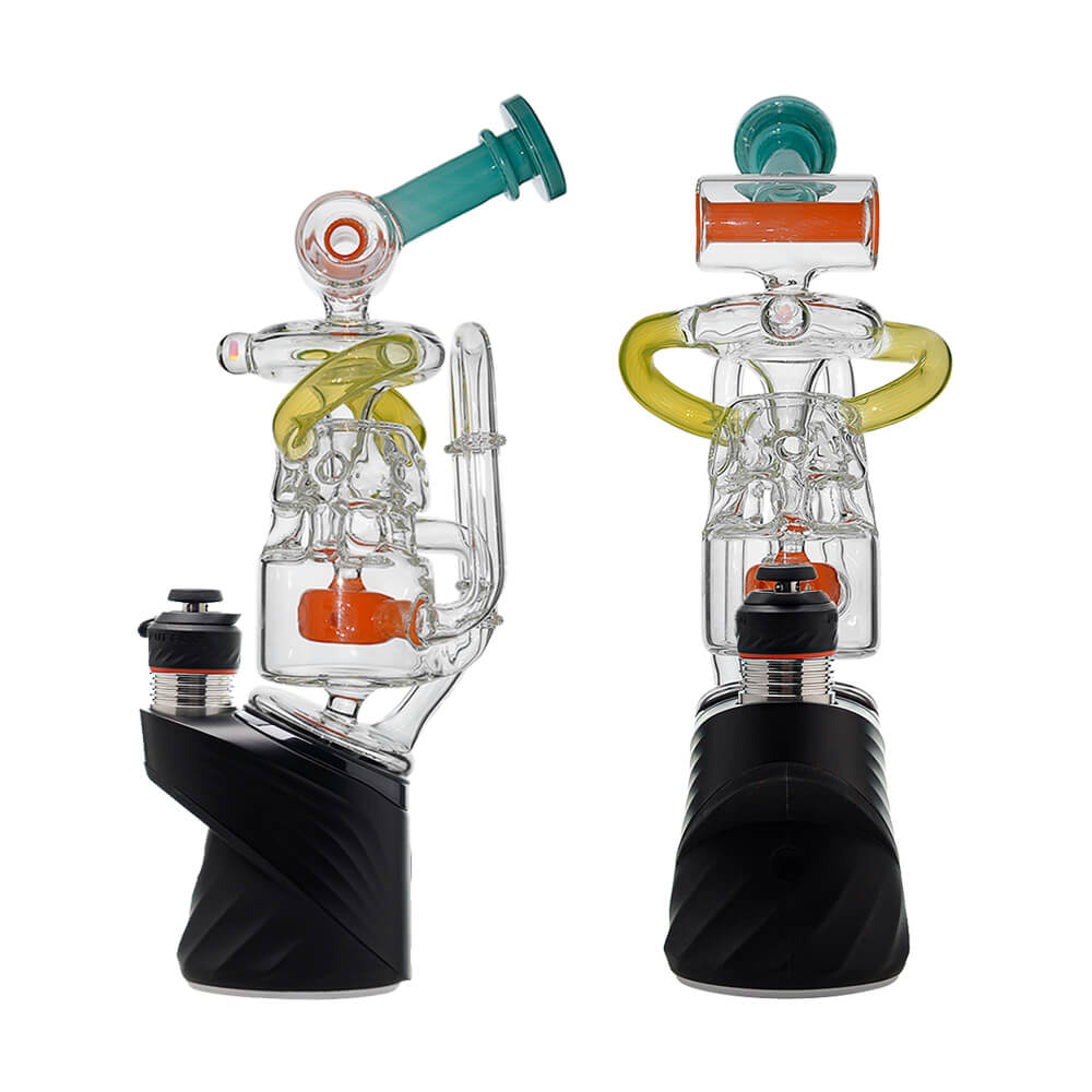 Calibear Glass Multi-Chamber Recycler Attachment for Puffco Peak OG & Pro in profile and front views.