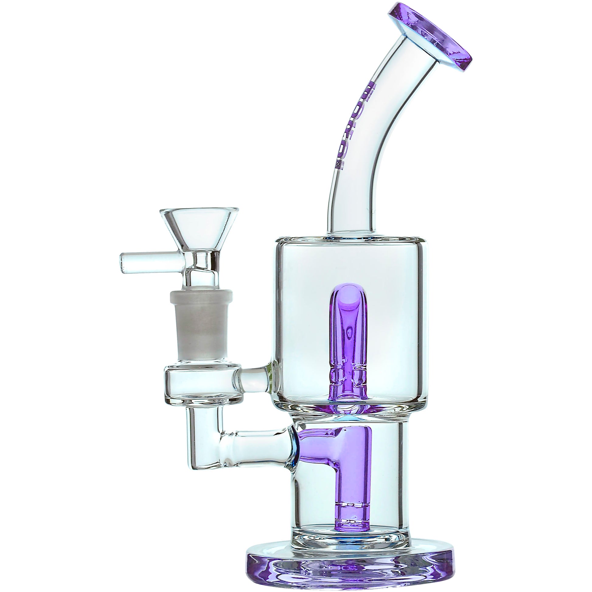 CaliBear Glass Popular Dab Rig with double slitted cut percolator, 14mm joint, and bent neck, available in blue, black, green, purple, and cyan accents.
