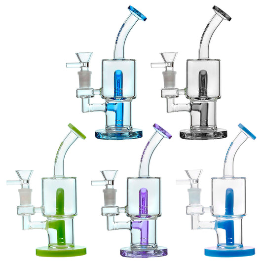 CaliBear Glass Popular Dab Rig with double slitted cut percolator, 14mm joint, and bent neck, available in blue, black, green, purple, and cyan accents.