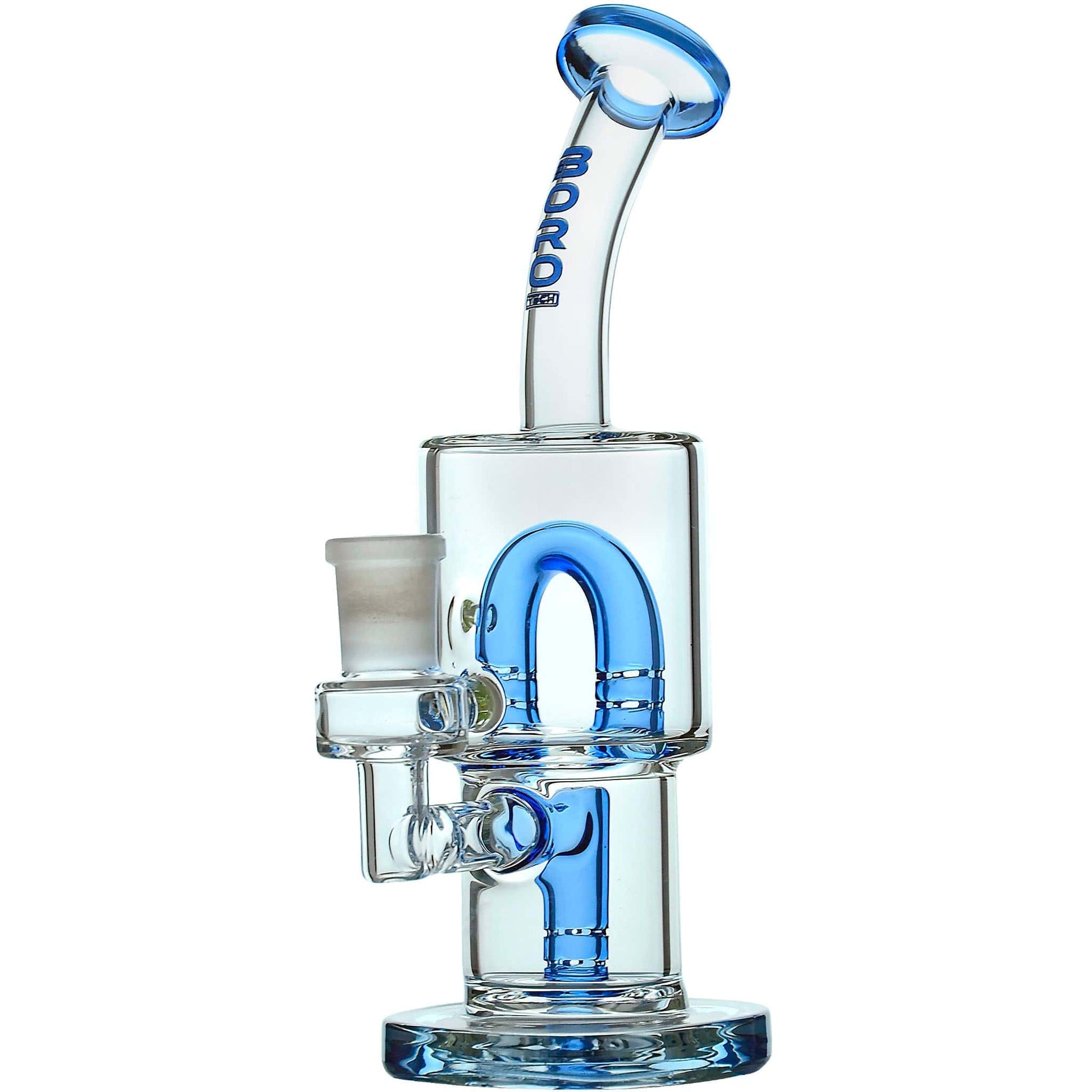 CaliBear Glass Popular Dab Rig with double slitted cut percolator, 14mm joint, and bent neck, available in blue, black, green, purple, and cyan accents.
