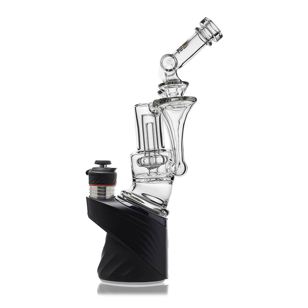 Calibear Premium DUO RBR Recycler clear glass attachment featuring a dual-drain external recycling system and angled neck, shown standalone and docked on a Puffco Peak Pro.