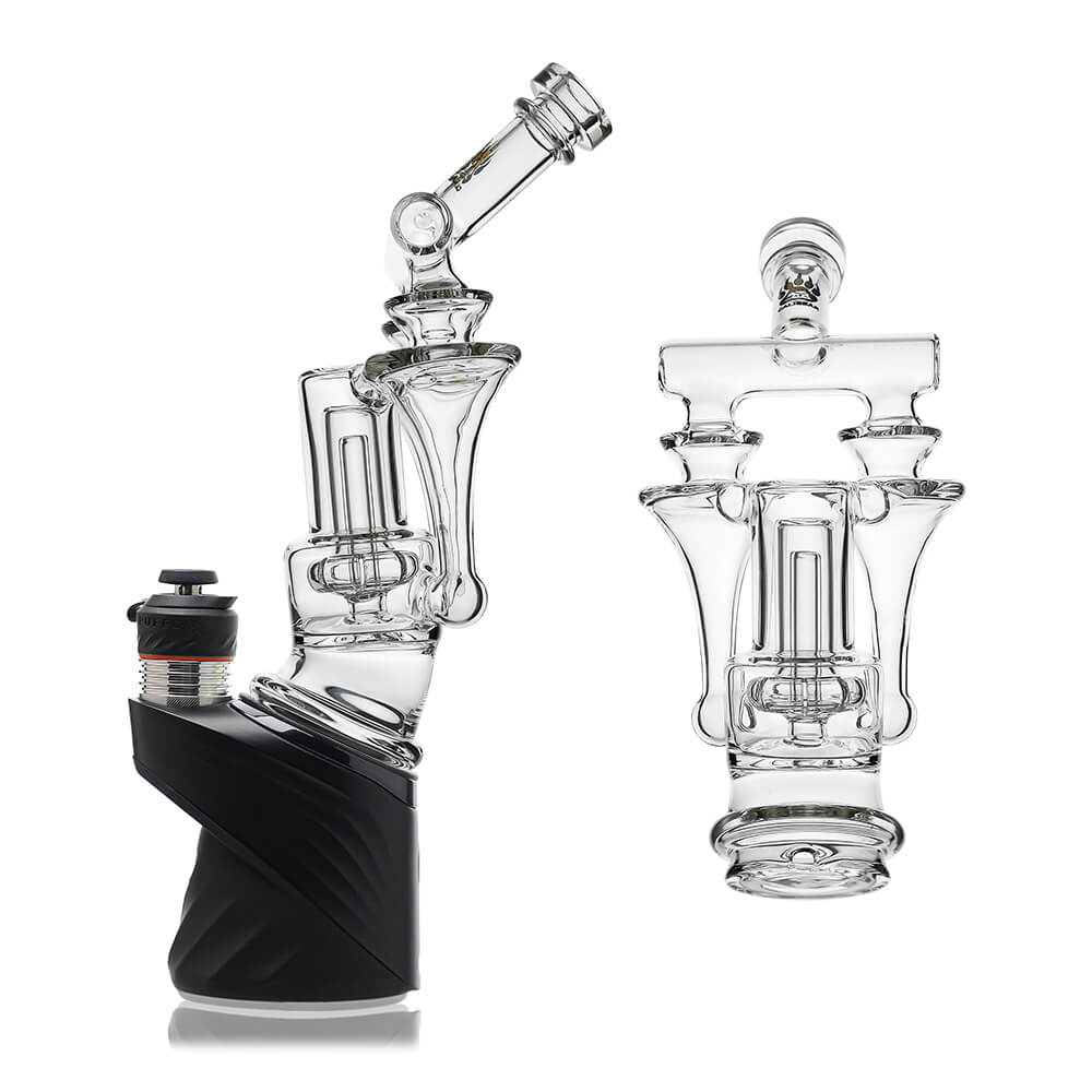 Calibear Premium DUO RBR Recycler clear glass attachment featuring a dual-drain external recycling system and angled neck, shown standalone and docked on a Puffco Peak Pro.