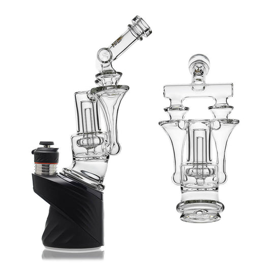 Calibear Premium DUO RBR Recycler clear glass attachment featuring a dual-drain external recycling system and angled neck, shown standalone and docked on a Puffco Peak Pro.