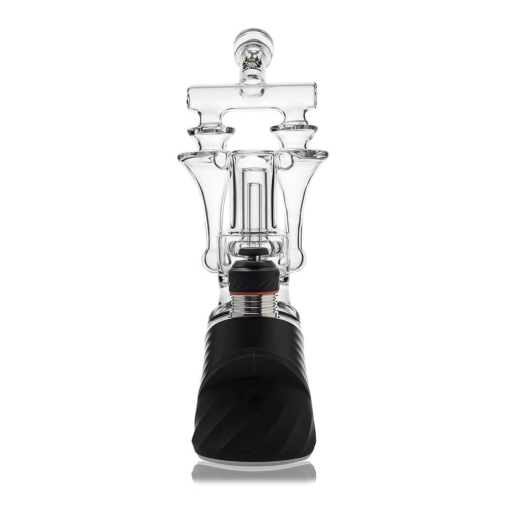 Calibear Premium DUO RBR Recycler clear glass attachment featuring a dual-drain external recycling system and angled neck, shown standalone and docked on a Puffco Peak Pro.