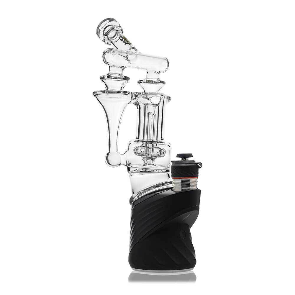 Calibear Premium DUO RBR Recycler clear glass attachment featuring a dual-drain external recycling system and angled neck, shown standalone and docked on a Puffco Peak Pro.
