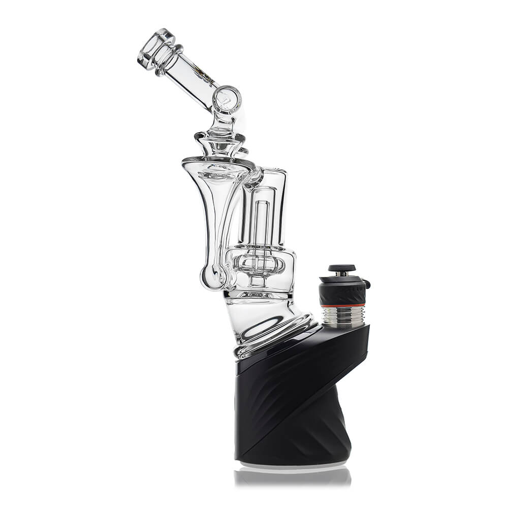 Calibear Premium DUO RBR Recycler clear glass attachment featuring a dual-drain external recycling system and angled neck, shown standalone and docked on a Puffco Peak Pro.
