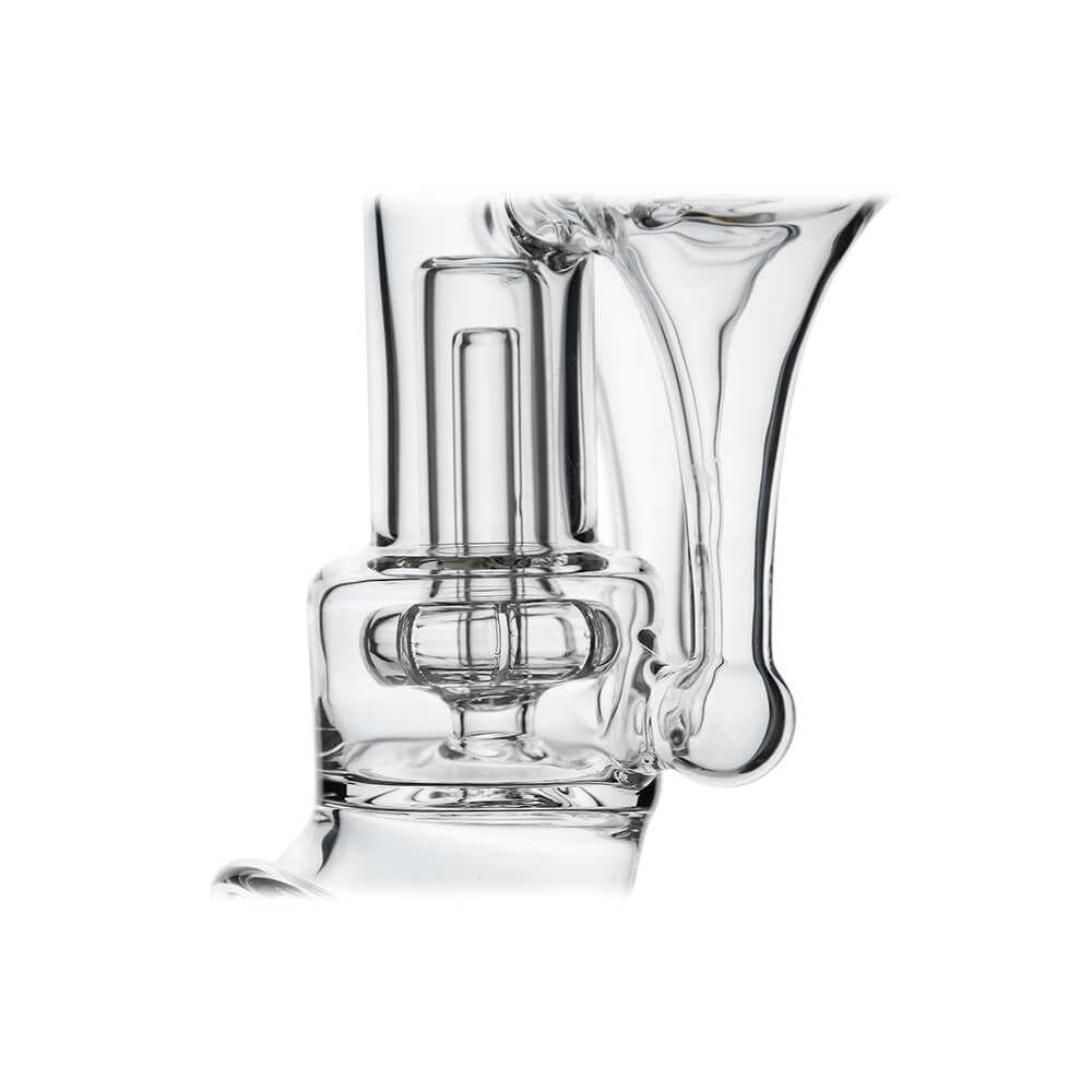 Calibear Premium DUO RBR Recycler clear glass attachment featuring a dual-drain external recycling system and angled neck, shown standalone and docked on a Puffco Peak Pro.