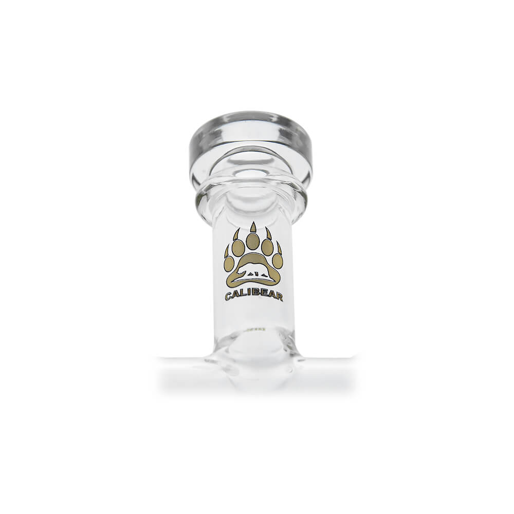Calibear Premium DUO RBR Recycler clear glass attachment featuring a dual-drain external recycling system and angled neck, shown standalone and docked on a Puffco Peak Pro.