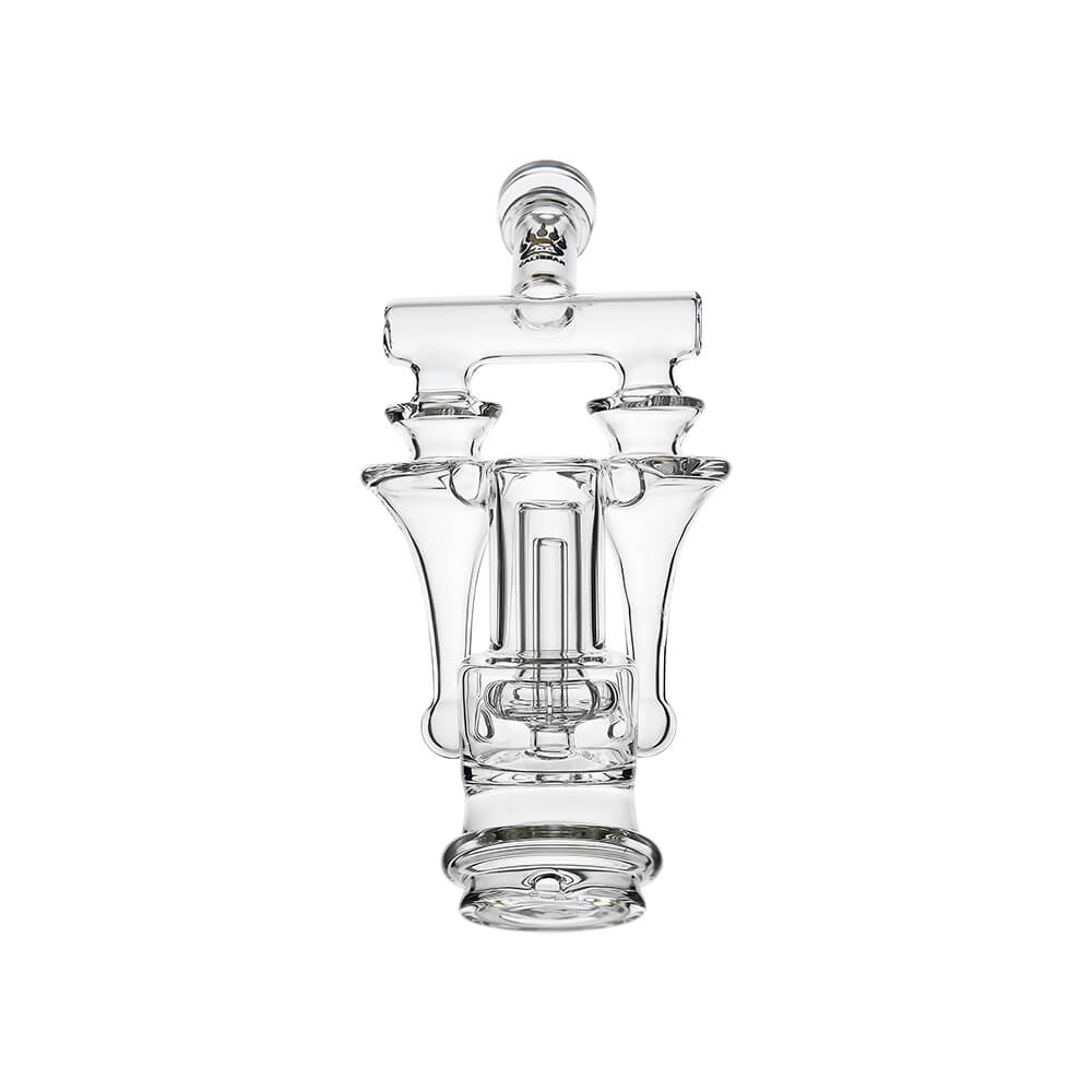 Calibear Premium DUO RBR Recycler clear glass attachment featuring a dual-drain external recycling system and angled neck, shown standalone and docked on a Puffco Peak Pro.