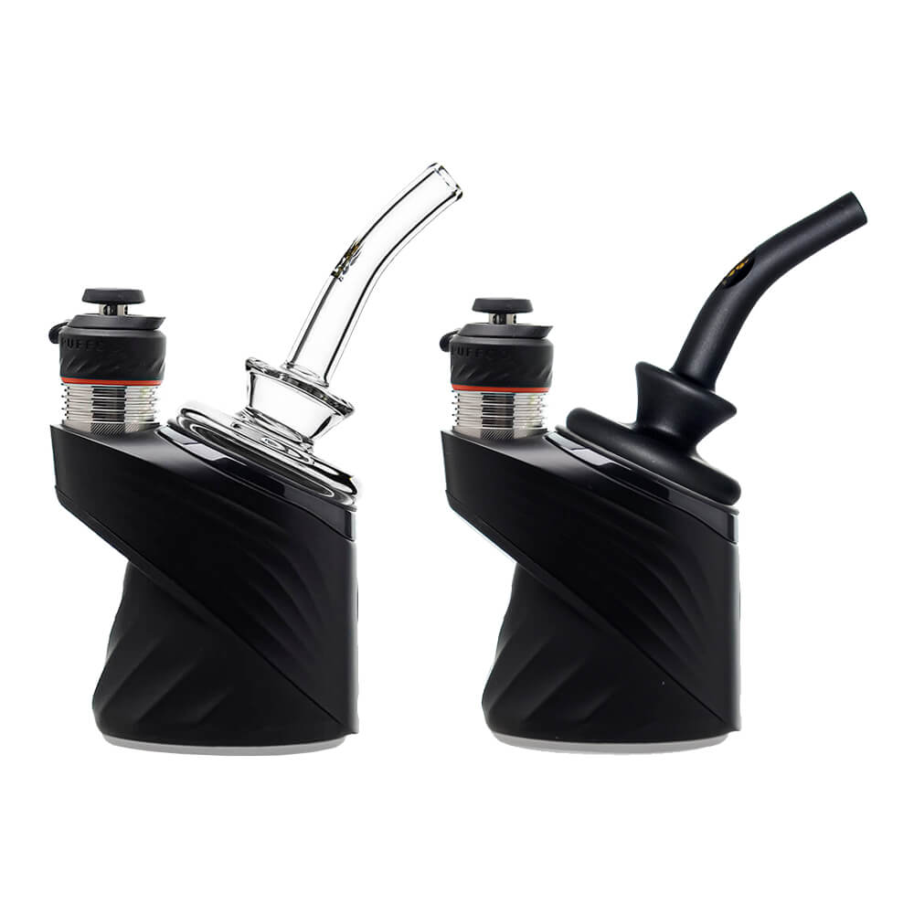 Calibear Sherlock Dry Glass Attachments (Clear & Matte Black) installed on Puffco Peak OG & Pro, showing two color finishes and curved dry mouthpiece design