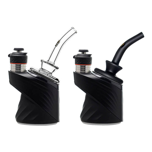 Calibear Sherlock Dry Glass Attachments (Clear & Matte Black) installed on Puffco Peak OG & Pro, showing two color finishes and curved dry mouthpiece design