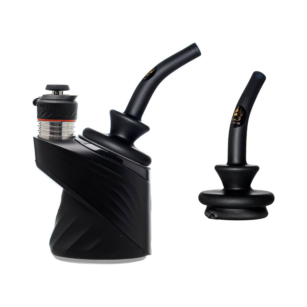 Calibear Premium Matte Black Sherlock Dry Glass Attachment installed on Puffco Peak OG & Pro, showing curved Sherlock mouthpiece and matte finish