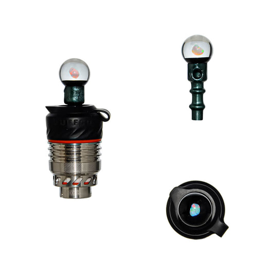 Calibear Premium Opal Ball Joystick Carb Cap (Midnight Emerald) for Puffco Peak OG & Pro 3DXL Atomizer, showing installed, side and top views with encased opal
