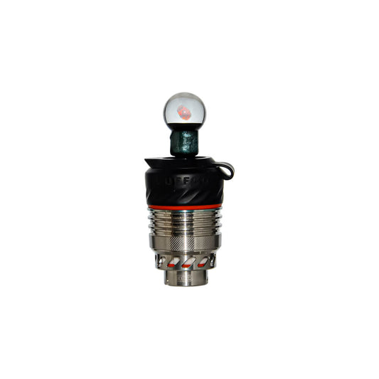 Calibear Premium Opal Ball Joystick Carb Cap (Midnight Emerald) installed on Puffco Peak OG & Pro 3DXL Atomizer with clear opal ball top