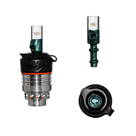 Calibear Premium Opal Pillar Joystick Carb Cap (METALLICGREEN) for Puffco Peak OG & Pro 3DXL Atomizer, showing installed, side and top views with encased opal