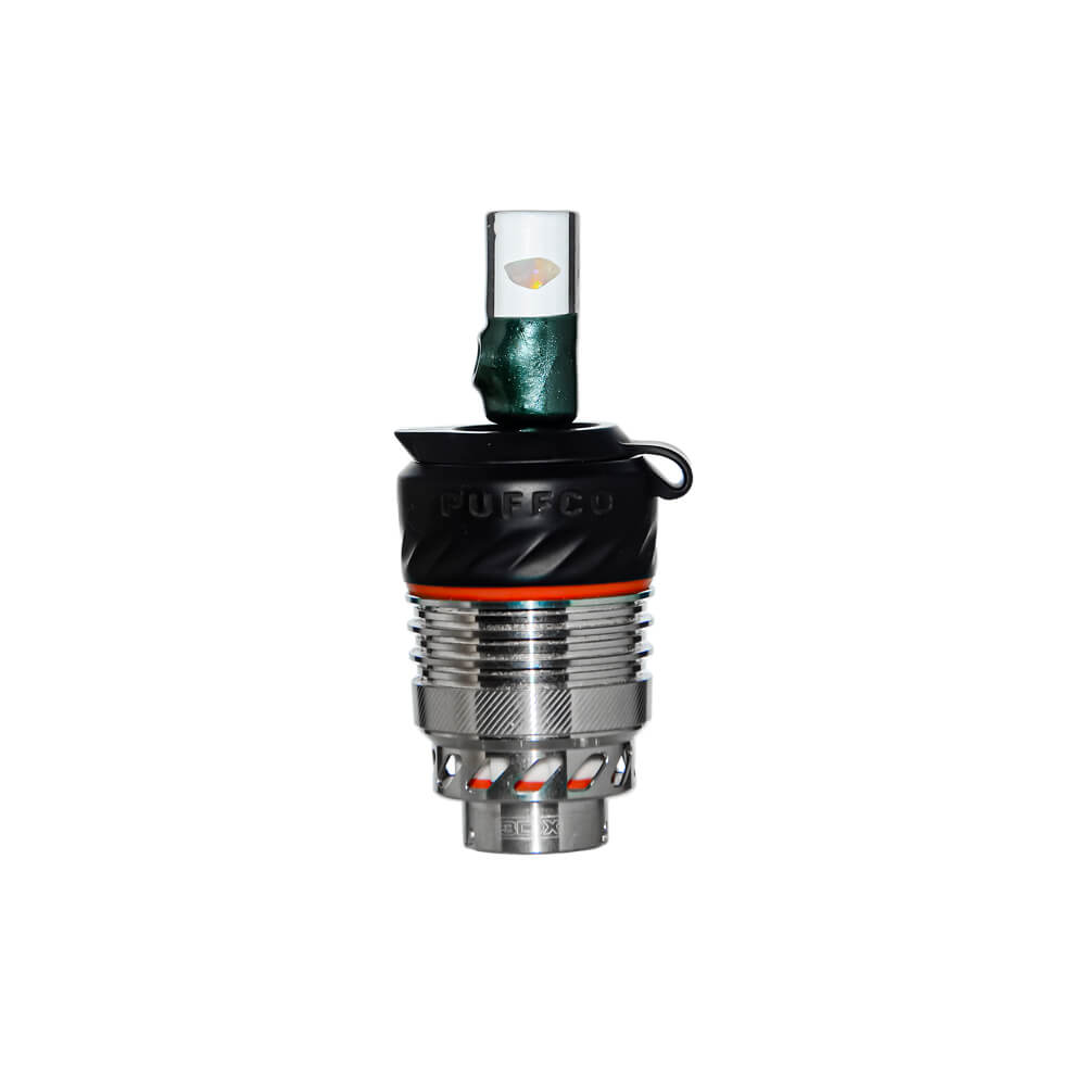 Calibear Premium Opal Pillar Joystick Carb Cap (METALLICGREEN) installed on Puffco Peak OG & Pro 3DXL Atomizer, showing the pillar top and opal accent