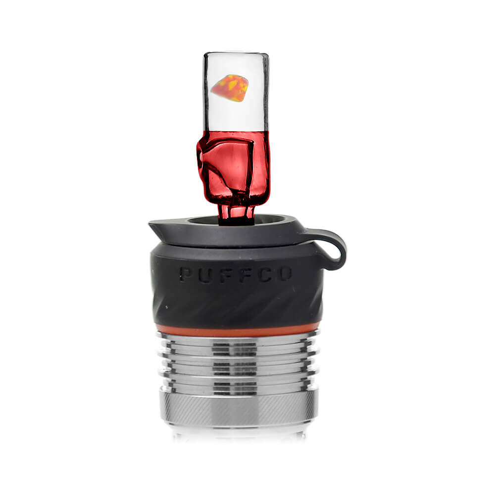 Close-up of Premium Opal Pillar Joystick Carb Cap (Self-striking Red) for Puffco Peak OG & Pro 3DXL Atomizer | Calibear, showing clear pillar top, encased opal and red glass body