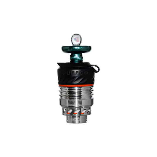 Calibear Premium Opal UFO Joystick Carb Cap (METALLICGREEN) installed on Puffco Peak OG & Pro 3DXL Atomizer, showing UFO disc top and opal accent