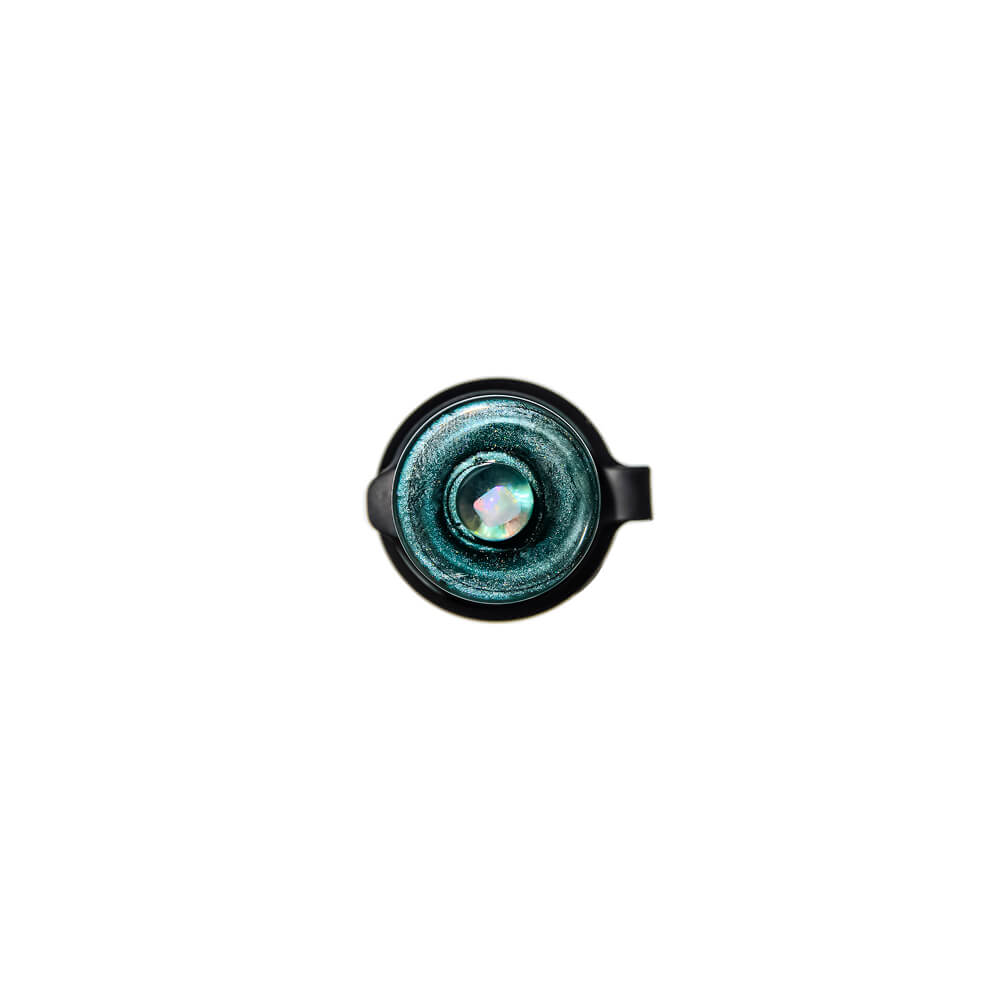 Top view of Calibear Premium Opal UFO Joystick Carb Cap (METALLICGREEN) highlighting the wide disc design and encased multicolor opal