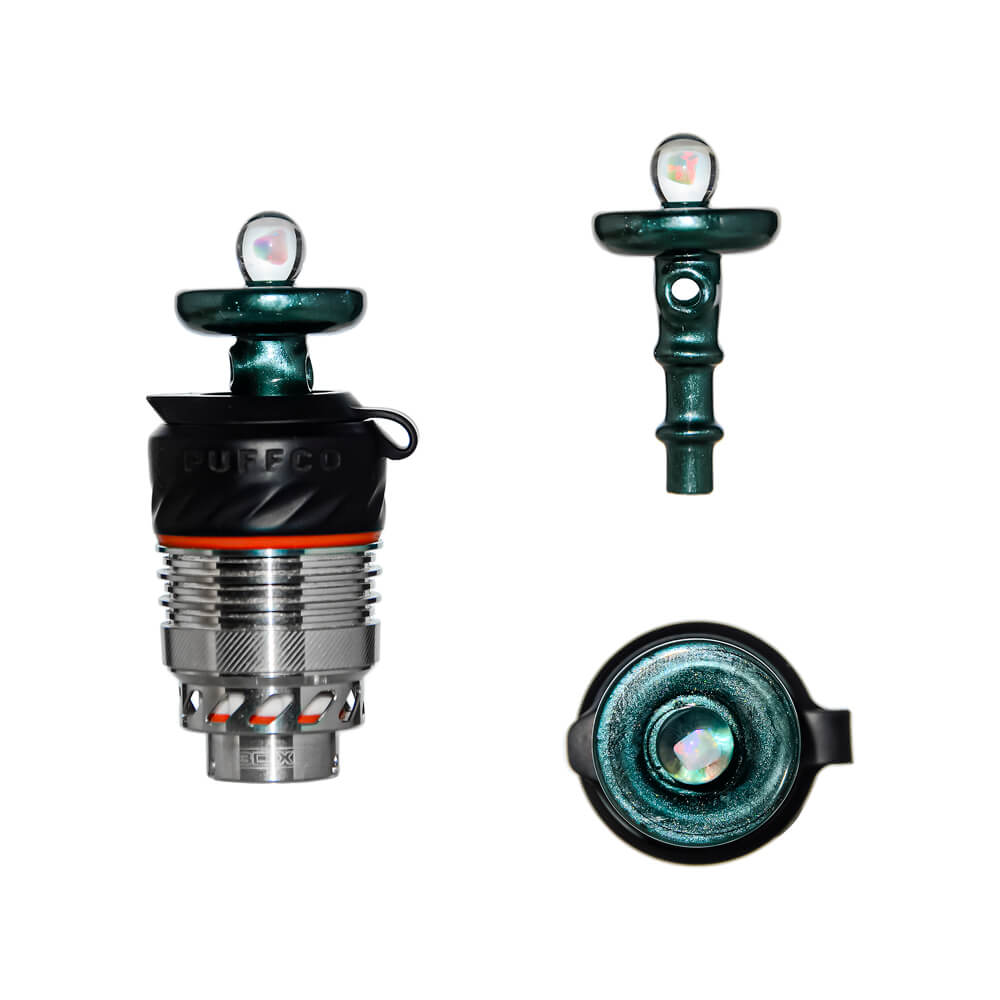 Calibear Premium Opal UFO Joystick Carb Cap (METALLICGREEN) for Puffco Peak OG & Pro 3DXL Atomizer, showing installed, side and top views with encased opal