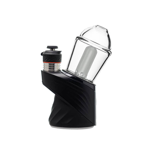 Calibear Premium Tubbler Bubbler clear glass attachment with a capsule dome shape and a frosted internal showerhead perc shown standalone and mounted on a black Puffco Peak Pro device.