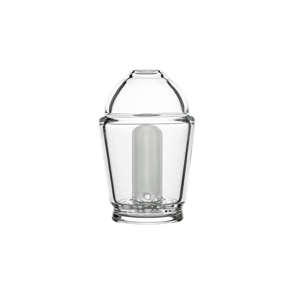 Calibear Premium Tubbler Bubbler clear glass attachment with a capsule dome shape and a frosted internal showerhead perc shown standalone and mounted on a black Puffco Peak Pro device.