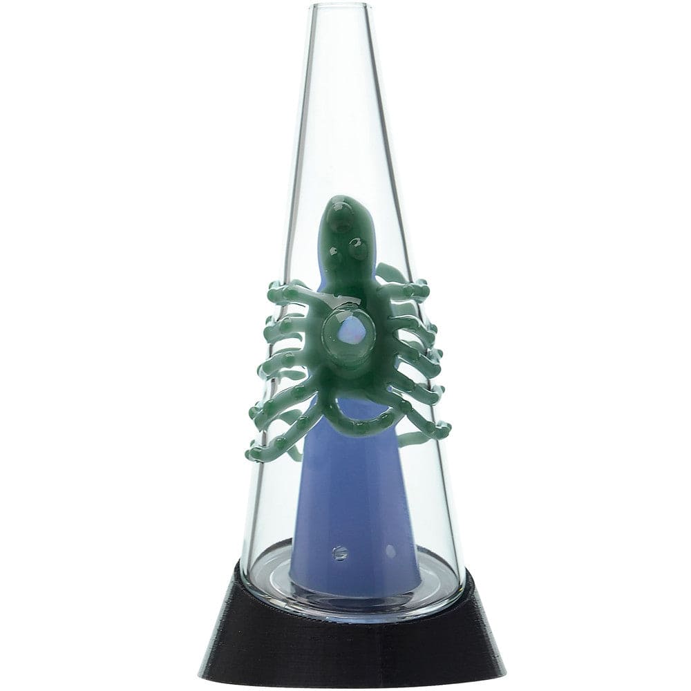 Four Calibear Decapod Puffco Peak replacement glass cones mounted on black e-rig bases, showcasing internal teal, yellow, red, and light-green hand-sculpted octopus figures wrap around the inner cone with a sparkling embedded opal eye.