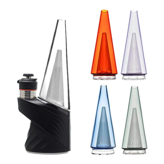 Calibear replacement glass attachments for Puffco Peak OG and Pro featuring various colored inner cones including black, pink, green, and blue.