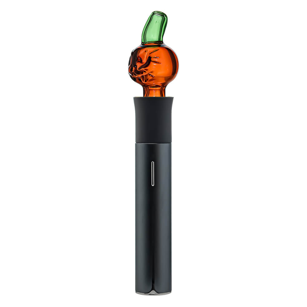 Two orange Pumpkin Jack glass attachments for the Pivot device featuring carved face details and green stem mouthpieces on a white background.