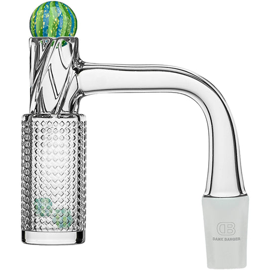 Calibear Cactus quartz banger combo V2 set with a fully etched geometric flower pattern on the bucket and neck, complete with a top swirl marble cap and two terp pearls.