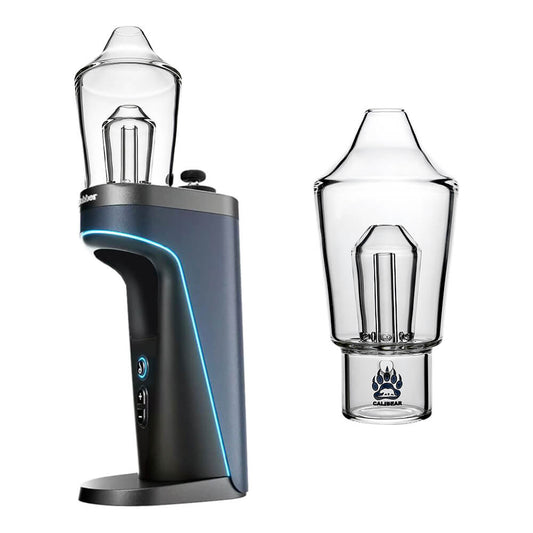 Shaker Glass Attachment for Dr. Dabber Switch 2 by Calibear Glass, shown attached to a blue Switch 2 device and standalone, featuring clear borosilicate glass and Calibear branding.