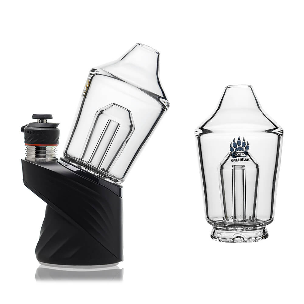 Calibear Glass Shaker Glass Attachment for Puffco Peak OG & Pro, shown attached to a black Peak device and standalone, featuring clear borosilicate glass and internal shaker design.