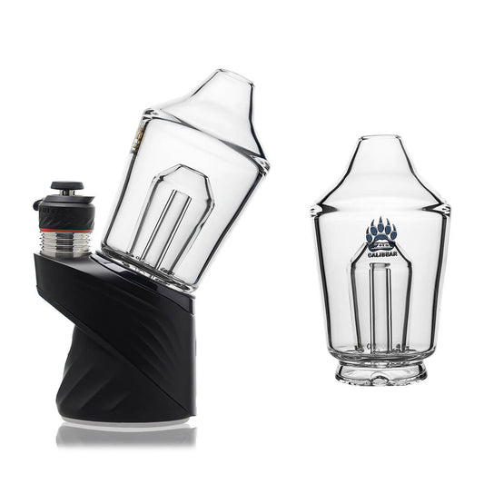 Calibear Glass Shaker Glass Attachment for Puffco Peak OG & Pro, shown attached to a black Peak device and standalone, featuring clear borosilicate glass and internal shaker design.
