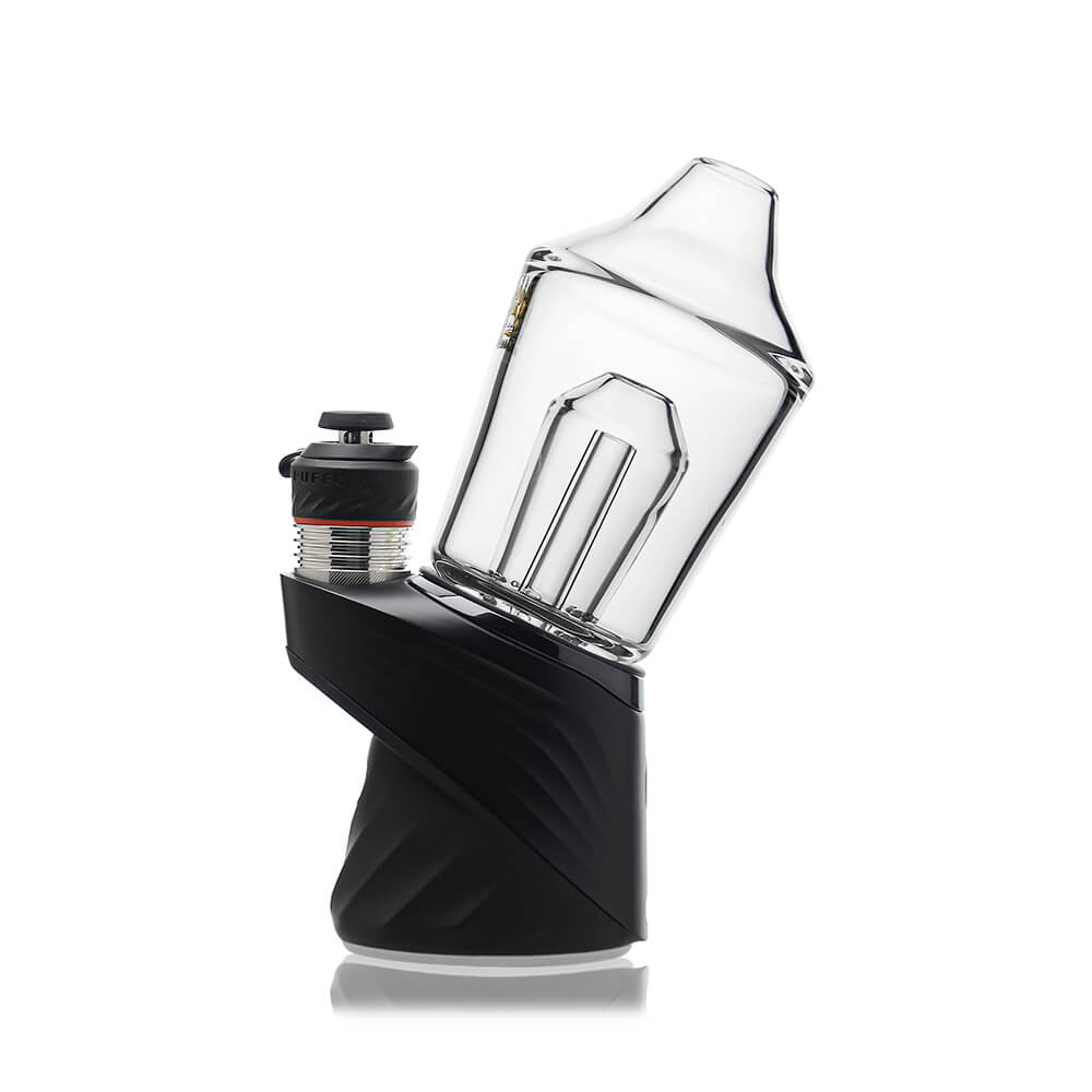 Calibear Glass Shaker Glass Attachment for Puffco Peak OG & Pro, shown attached to a black Peak device and standalone, featuring clear borosilicate glass and internal shaker design.