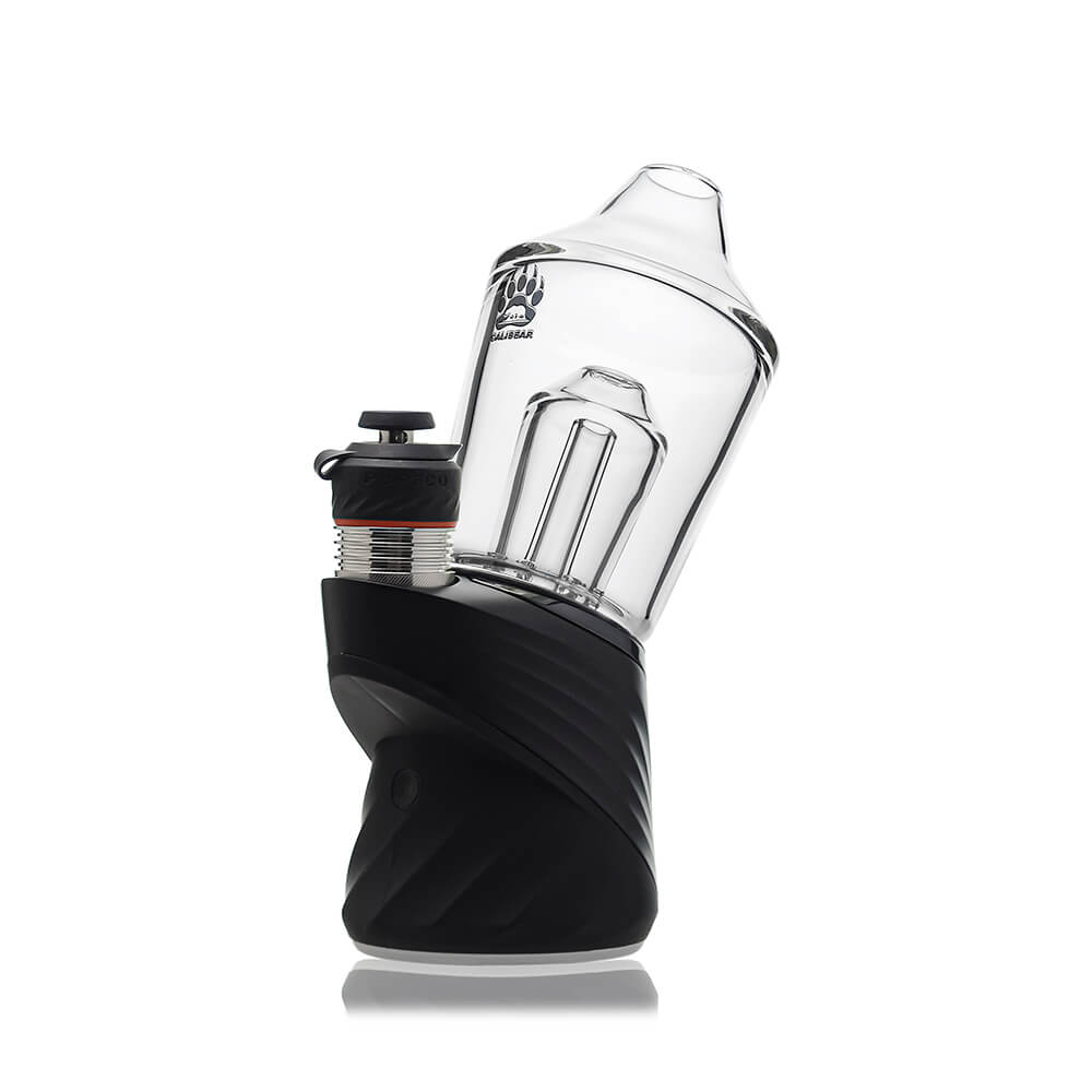Calibear Glass Shaker Puffco Glass Attachment for Puffco Peak OG & Pro, shown attached to a black Peak device and standalone, featuring clear borosilicate glass and internal shaker design.